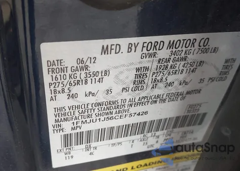 2012 Ford Expedition Xlt из США, поврежденный, VIN 1FMJU1J56CEF57426